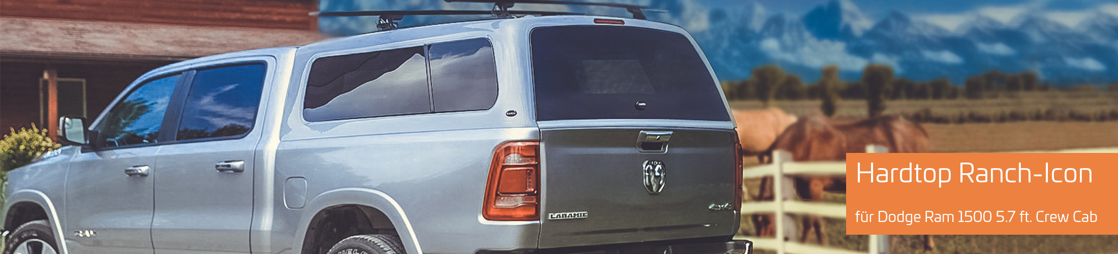 Bild zeigt Off Road Fahrzeug mit Hardtop der Marke Ranch Icon und Text "Hardtop Ranch-Icon für Dodge Ram 1500 5.7 ft. Crew Cab"